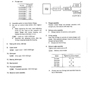 May include: Diagram of a fuel injection pump assembly, detailing parts like the plunger seat, sleeve flange, and delivery valve. Includes a table with part numbers and thicknesses in millimeters, along with assembly instructions and tightening torque specifications.