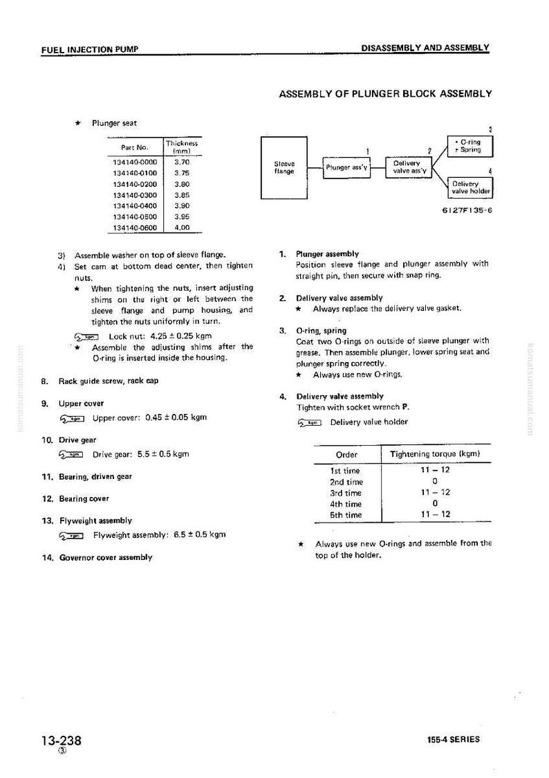 May include: Diagram of a fuel injection pump assembly, detailing parts like the plunger seat, sleeve flange, and delivery valve. Includes a table with part numbers and thicknesses in millimeters, along with assembly instructions and tightening torque specifications.