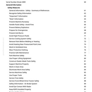 Puede incluir: Una p&aacute;gina blanca titulada "Tabla de Contenidos" de un manual. El texto enumera medidas de seguridad, incluyendo "Evitar la fuga de la m&aacute;quina" y "Evitar fluidos a alta presi&oacute;n". Los n&uacute;meros de p&aacute;gina est&aacute;n a la derecha.