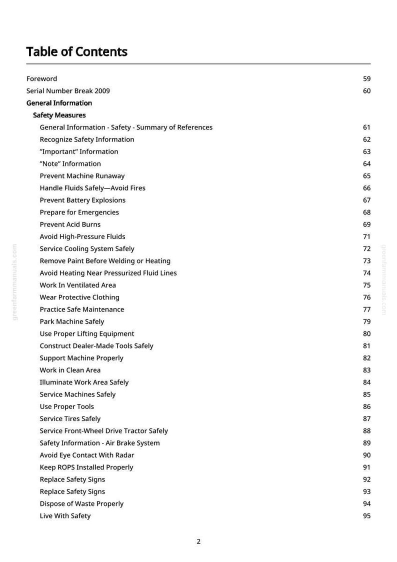 Puede incluir: Una p&aacute;gina blanca titulada "Tabla de Contenidos" de un manual. El texto enumera medidas de seguridad, incluyendo "Evitar la fuga de la m&aacute;quina" y "Evitar fluidos a alta presi&oacute;n". Los n&uacute;meros de p&aacute;gina est&aacute;n a la derecha.