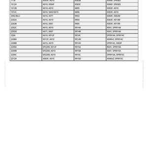 K&ouml;nnte beinhalten: Eine detaillierte Tabelle mit Produktcodes und zugeh&ouml;rigen Informationen, die in einem Rasterformat dargestellt wird. Die Tabelle enth&auml;lt alphanumerische Codes und Beschreibungen, wahrscheinlich f&uuml;r Inventar- oder Referenzzwecke. Der Hintergrund ist wei&szlig;.
