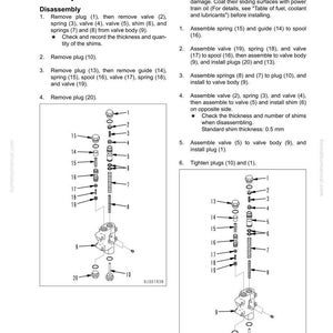 May include: Diagram of a torque converter main relief valve assembly, with labeled parts for disassembly and assembly. Includes a parts list with numbers and descriptions, and assembly instructions. The image is a technical illustration.