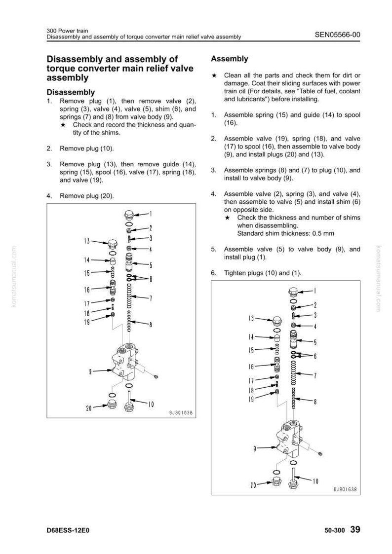 May include: Diagram of a torque converter main relief valve assembly, with labeled parts for disassembly and assembly. Includes a parts list with numbers and descriptions, and assembly instructions. The image is a technical illustration.