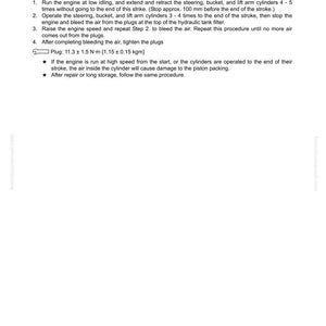 May include: A page from a manual with instructions for hydraulic system maintenance. Text includes steps for bleeding air from cylinders after service, with a torque specification of 11.3 &plusmn; 1.5 N&middot;m. The page is white with black text.