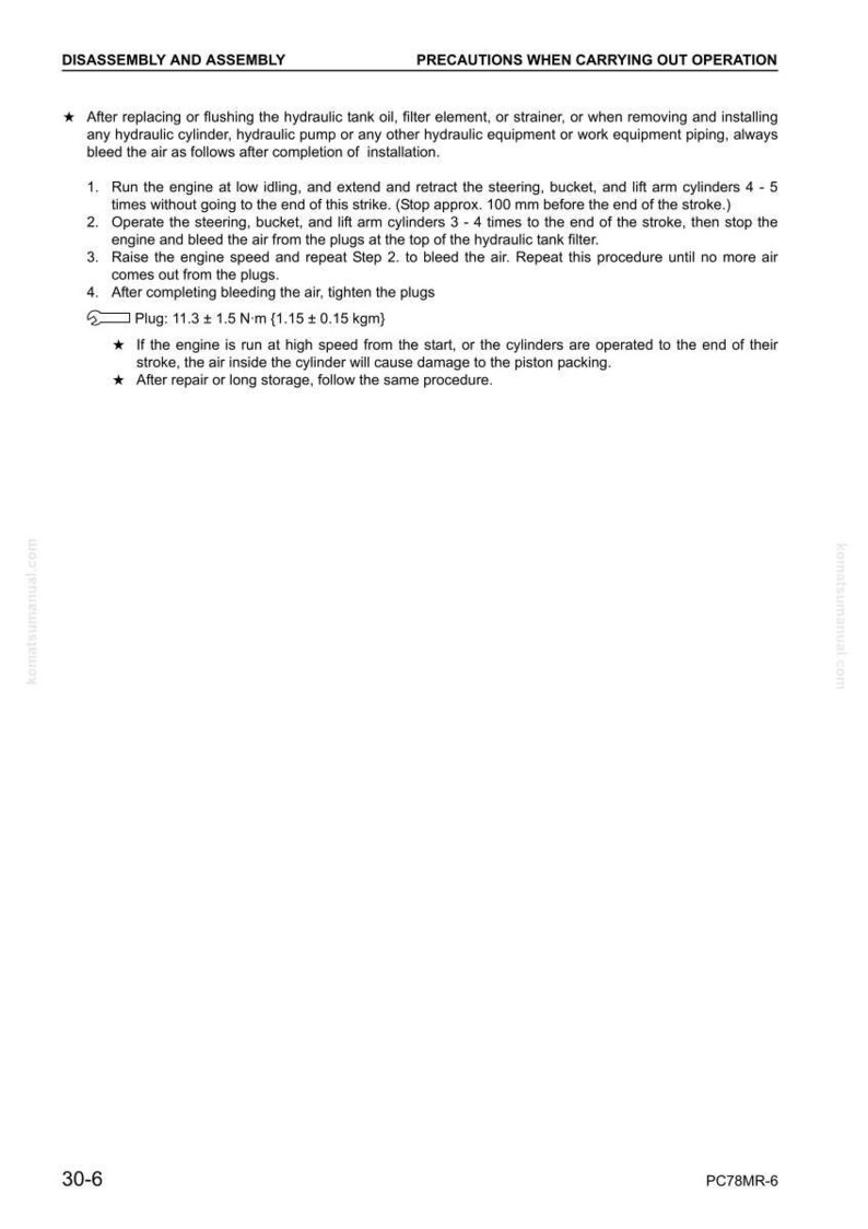 May include: A page from a manual with instructions for hydraulic system maintenance. Text includes steps for bleeding air from cylinders after service, with a torque specification of 11.3 &plusmn; 1.5 N&middot;m. The page is white with black text.