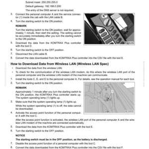 May include: A page from a manual with the title "Download Data from KOMTRAX Plus Controller." The text includes instructions for downloading data, with diagrams of a vehicle's interior and a control panel.