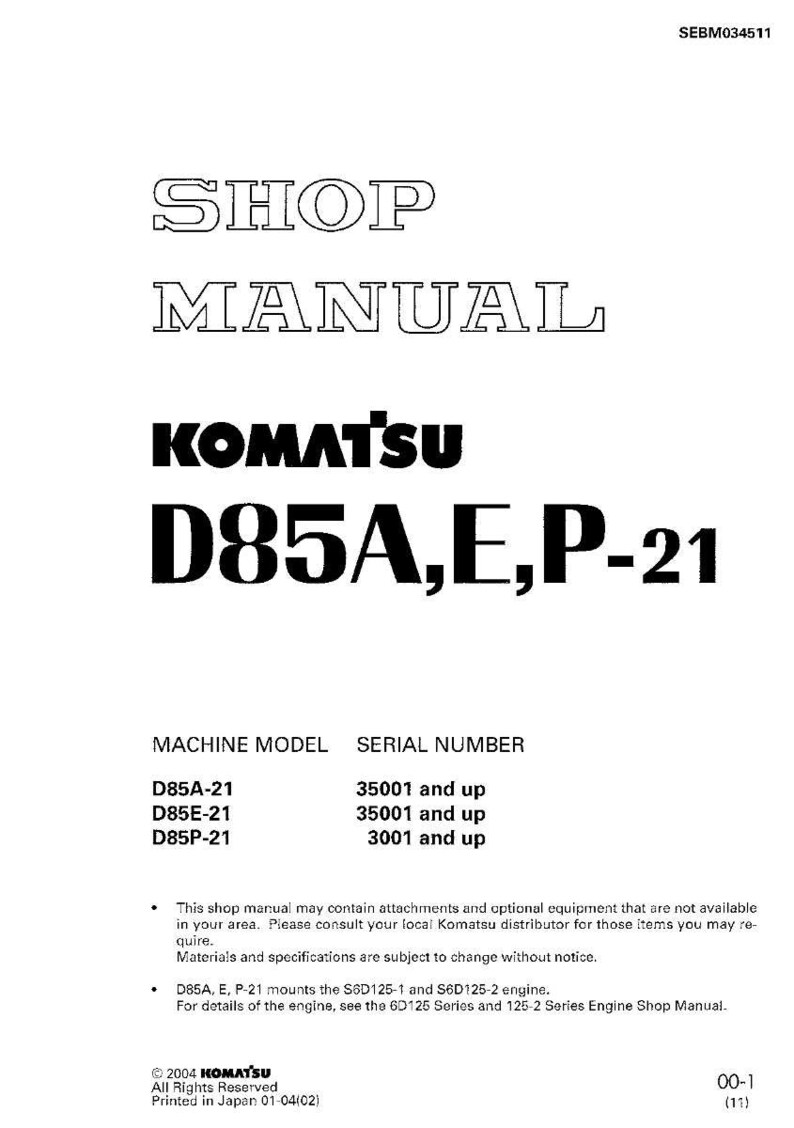 May include: A white shop manual with the text "SHOP MANUAL" at the top, followed by "KOMATSU" and "D85A,E,P-21". Below are machine model and serial number details for D85A-21, D85E-21, and D85P-21.