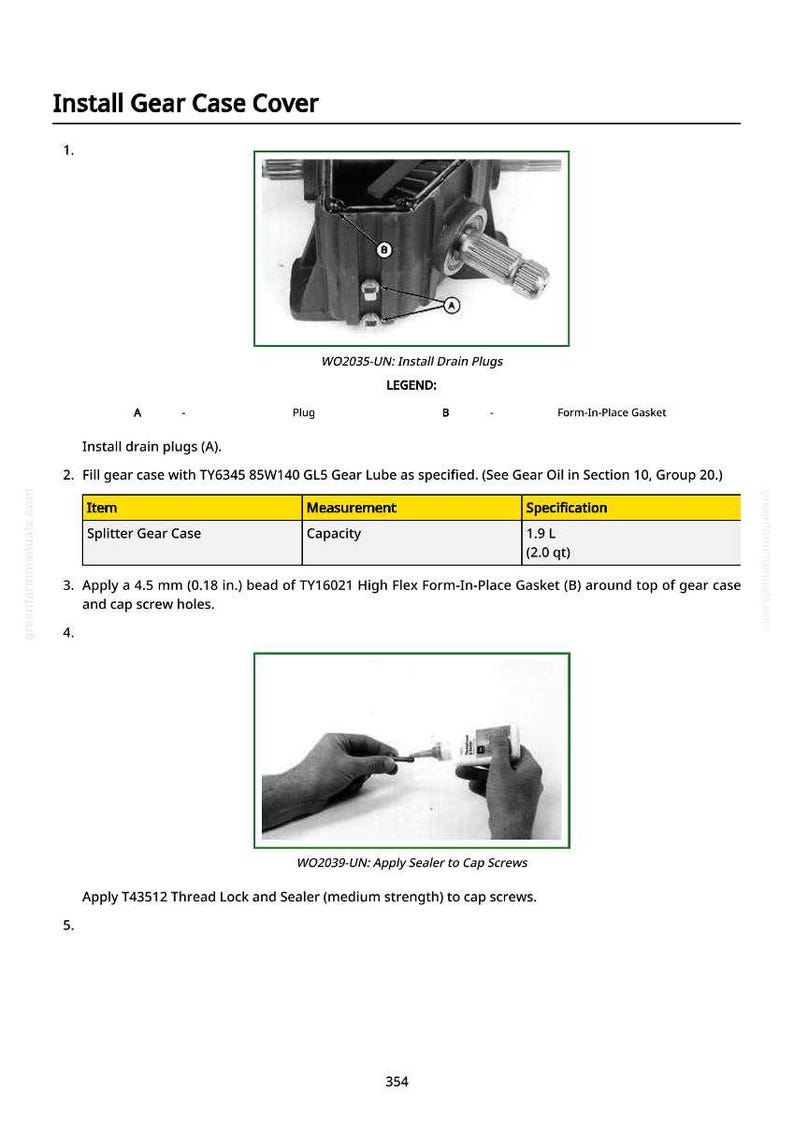 May include: Diagram of a gear case cover installation process. Includes images of the gear case, drain plugs, and application of sealant. The instructions specify a 4.5 mm bead of gasket material and a capacity of 1.9 L.