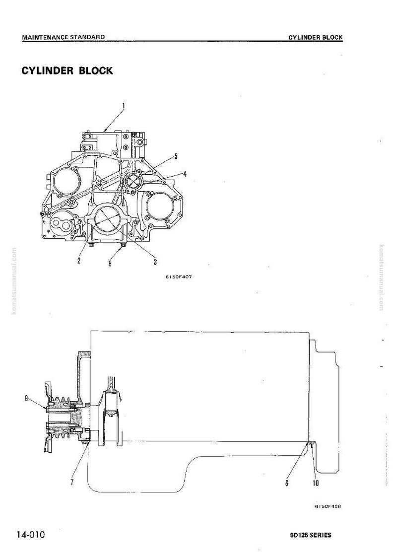 May include: Technical diagram of a cylinder block, a component of an engine. The diagram is a black and white line drawing with labels and numbers. The text "CYLINDER BLOCK" is at the top. The diagram is labeled "14-010" and "6D125 SERIES".