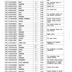May include: A detailed parts list for a machine, featuring part numbers, names, quantities, and assembly procedures. Includes bolts, washers, plates, wiring harnesses, and brackets. Measurements are not included.