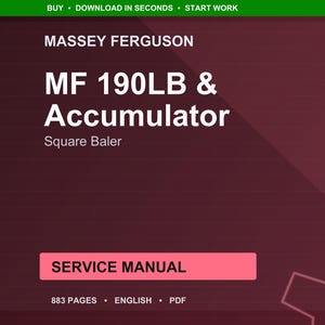 K&ouml;nnte beinhalten: Ein Servicehandbuch f&uuml;r den Massey Ferguson MF 190LB & Accumulator Quaderballenpresser. Das Cover ist tief burgunderfarben mit wei&szlig;em Text. Das Handbuch umfasst 883 Seiten und ist im PDF-Format verf&uuml;gbar.