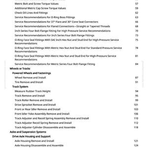 May include: A manual page with a table of contents. The text includes "Torque Values", "Wheels or Tracks", and "Axles and Suspension Systems". Page numbers are on the right.