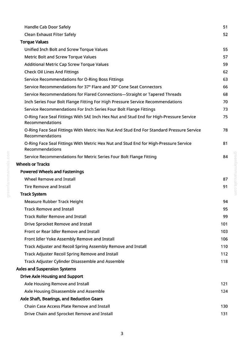 May include: A manual page with a table of contents. The text includes "Torque Values", "Wheels or Tracks", and "Axles and Suspension Systems". Page numbers are on the right.