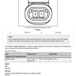 May include: Diagram of a hydraulic oil temperature sensor connector with terminals A and B, and related specifications. Includes voltage range of 4.80-5.20 V. Text includes instructions for testing and troubleshooting.