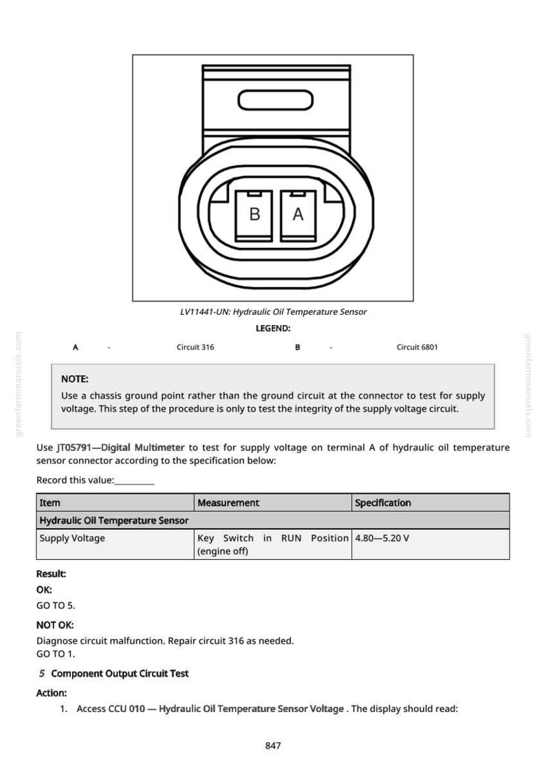 May include: Diagram of a hydraulic oil temperature sensor connector with terminals A and B, and related specifications. Includes voltage range of 4.80-5.20 V. Text includes instructions for testing and troubleshooting.