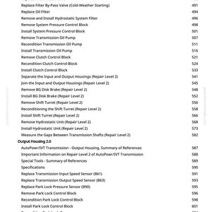 May include: A white page detailing repair specifications for a mechanical system. The text includes phrases such as "Replace Hydrostatic Speed Sensor," "Install Clutch Control Block," and "Output Housing 2.0."