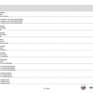 May include: A page from a manual with a table of contents in German, English, and French. The table lists engine components such as fuel filters, pistons, cylinder heads, and sensors. The Weidemann logo is at the bottom.
