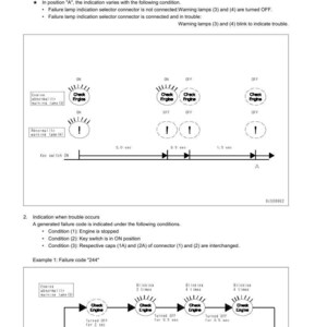 May include: Diagram illustrating troubleshooting functions, including normal state indications and failure code examples. Features labeled diagrams with text, including "Check Engine" and warning lamps, with timing sequences.