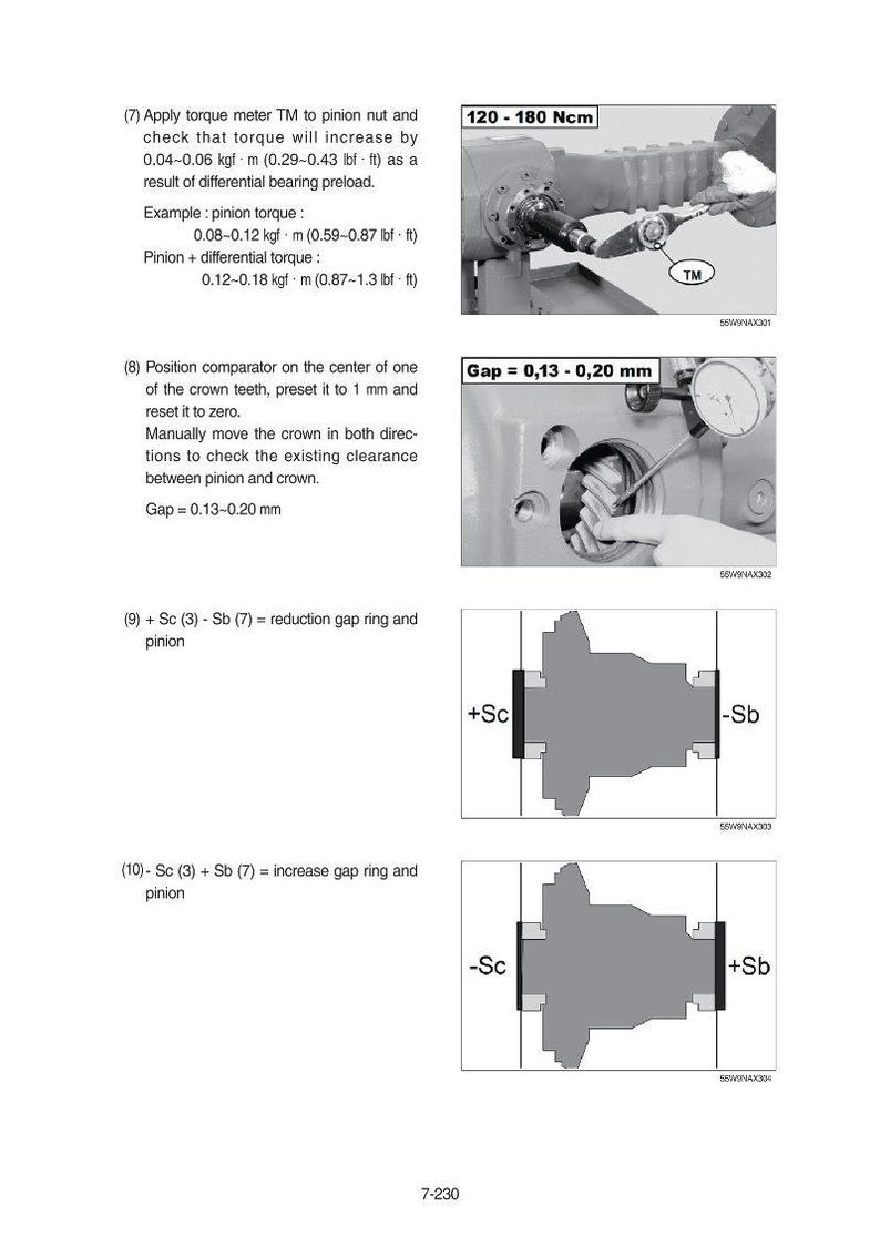 May include: Technical diagram with text and illustrations detailing mechanical procedures. Includes measurements in Ncm, kgf&middot;m, and lbf&middot;ft. The diagram shows a torque meter, a comparator, and gear components.