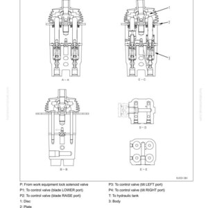 May include: Diagram of a work equipment system, showing component parts. The image includes multiple cross-sectional views of valves and hydraulic components, labeled with letters and numbers. Text includes "Structure and Function" and "Component Parts".
