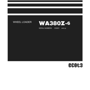 May include: A white shop manual with black text. The title "Shop Manual" is at the top. The manual is for a WA380Z-6 wheel loader, with serial numbers C50001 and up. The Komatsu logo is at the bottom.