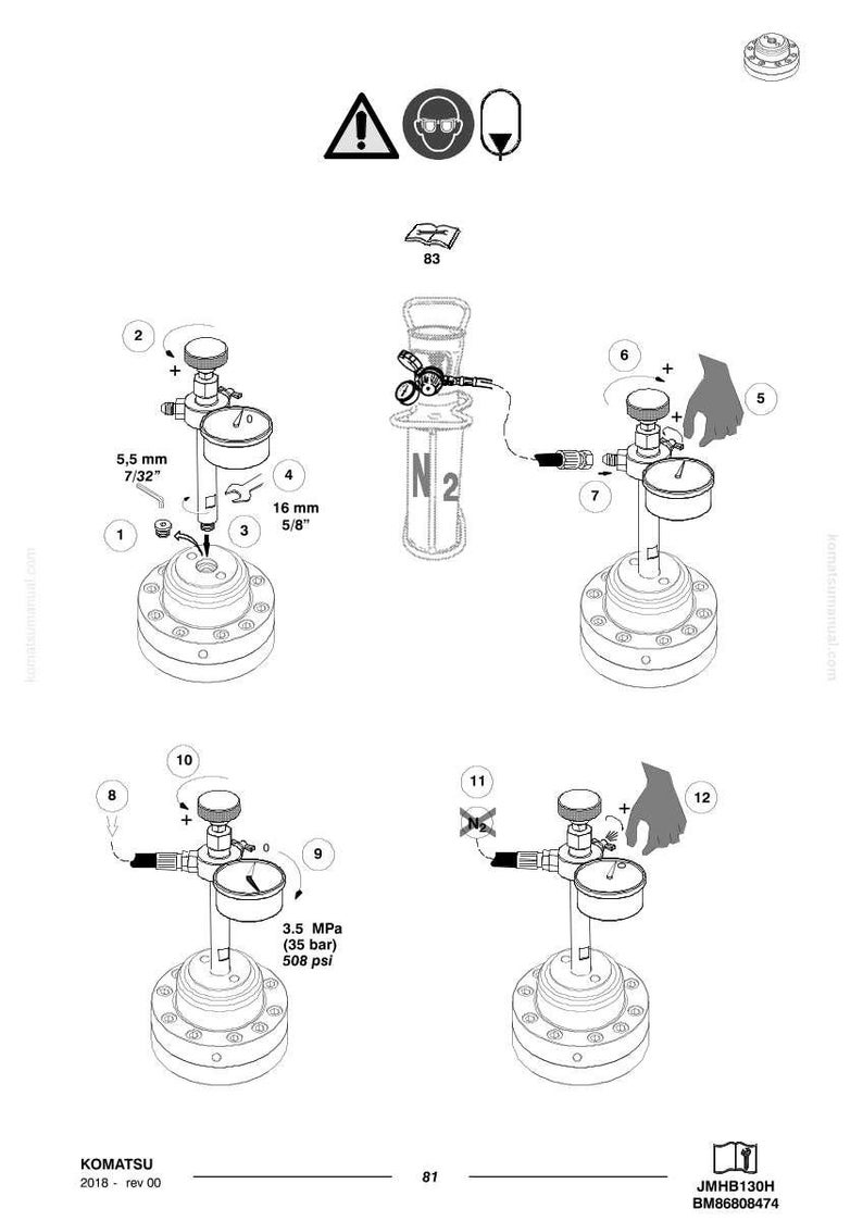 Peut inclure: Sch&eacute;ma technique d'un ensemble de r&eacute;gulateur de gaz avec divers composants &eacute;tiquet&eacute;s. Comprend des mesures en mm et en bar. Comprend un symbole d'avertissement et le logo Komatsu.