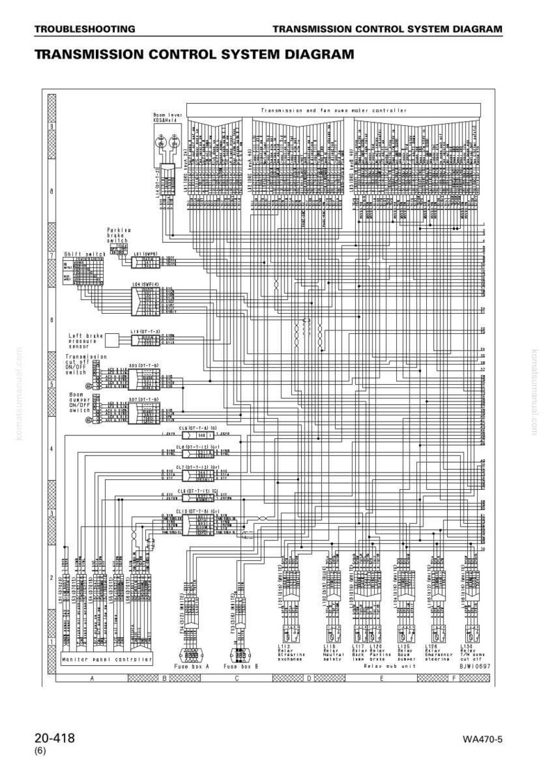 K&ouml;nnte beinhalten: Ein detailliertes Diagramm eines Getriebesteuerungssystems mit dem Text "Transmission Control System Diagram" oben. Das Diagramm enth&auml;lt verschiedene Komponenten, Verkabelungen und Beschriftungen zur Fehlerbehebung.