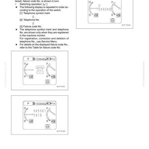 May include: Diagrams from a manual showing failure code information. The diagrams include a telephone symbol, phone numbers, and other symbols. The text includes instructions for registration and correction of telephone numbers.