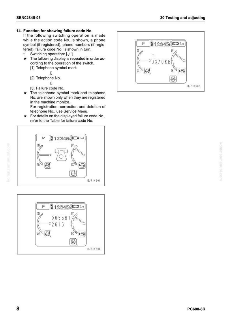 May include: Diagrams from a manual showing failure code information. The diagrams include a telephone symbol, phone numbers, and other symbols. The text includes instructions for registration and correction of telephone numbers.