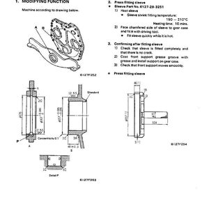 May include: Technical diagram with repair and replacement instructions. Includes diagrams of mechanical parts with measurements in millimeters, and text detailing the process of press fitting a sleeve, including temperature and time specifications.