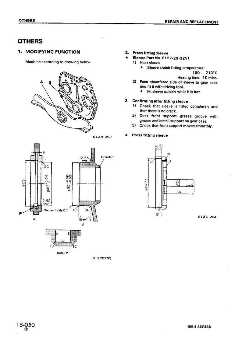 May include: Technical diagram with repair and replacement instructions. Includes diagrams of mechanical parts with measurements in millimeters, and text detailing the process of press fitting a sleeve, including temperature and time specifications.