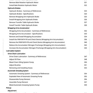 May include: A detailed table of contents from a manual, with headings and subheadings related to hydraulic systems, brakes, accumulators, lubrication, and greasing systems. The text is in black on a white background.
