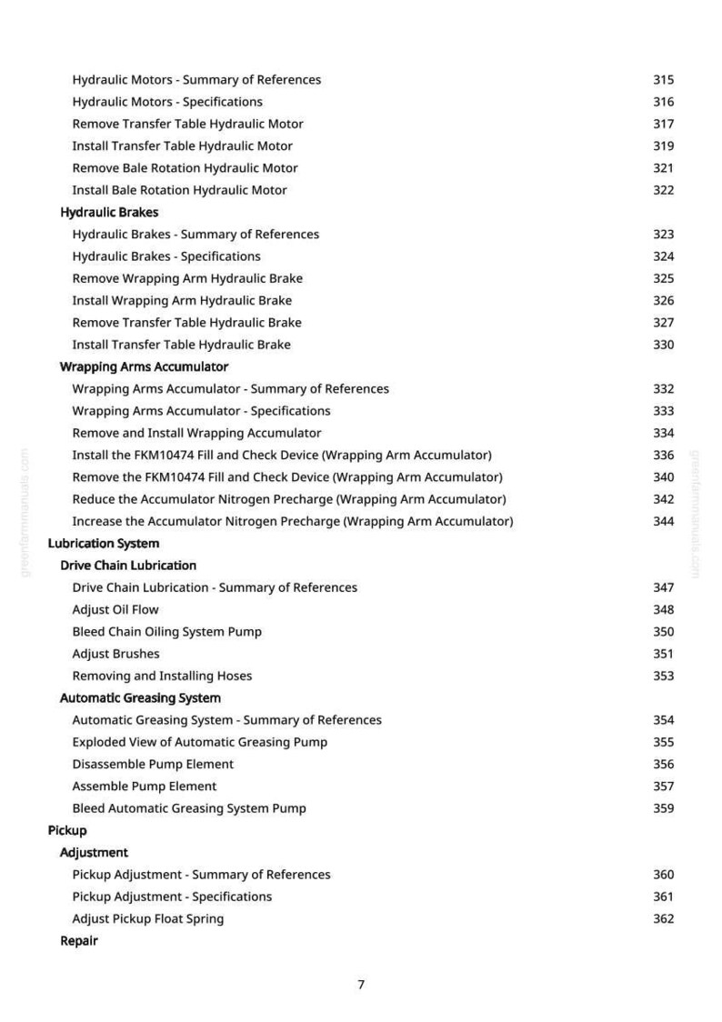 May include: A detailed table of contents from a manual, with headings and subheadings related to hydraulic systems, brakes, accumulators, lubrication, and greasing systems. The text is in black on a white background.