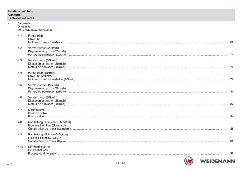 May include: A page from a technical manual with the title "Contents" in English, German, and French. The document lists various mechanical components, including drive units, pumps, and motors, with corresponding page numbers. The Weidemann logo is visible.