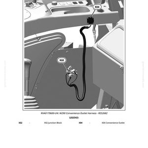 Pu&ograve; includere: Diagramma in bianco e nero di un cablaggio presa di corrente W290, che include il blocco di giunzione X02 e la presa di corrente X04. L'immagine &egrave; un'illustrazione tecnica con etichette e numeri di parte. Il testo "W290 Convenience Outlet Harness" &egrave; in alto.