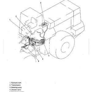K&ouml;nnte beinhalten: Eine Illustration des Notlenkungs-Rohrsystems, beschriftet mit Nummern und Namen der Komponenten. Das Diagramm zeigt einen Hydrauliktank, Getriebe, Lenkpumpe, Umschaltventil, Notpumpe und Lenkventil.