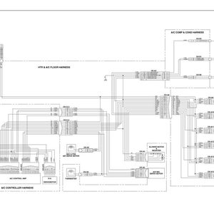 K&ouml;nnte beinhalten: Detaillierter Schaltplan f&uuml;r eine Kfz-Klimaanlage mit beschrifteten Komponenten und elektrischen Anschl&uuml;ssen. Das Diagramm ist in Schwarzwei&szlig; gehalten und enth&auml;lt Textbeschriftungen und ein schematisches Layout.