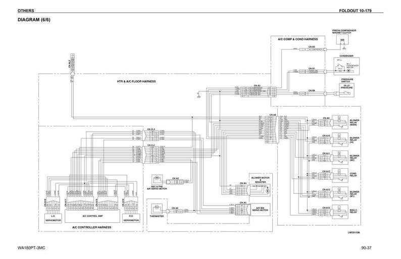 K&ouml;nnte beinhalten: Detaillierter Schaltplan f&uuml;r eine Kfz-Klimaanlage mit beschrifteten Komponenten und elektrischen Anschl&uuml;ssen. Das Diagramm ist in Schwarzwei&szlig; gehalten und enth&auml;lt Textbeschriftungen und ein schematisches Layout.