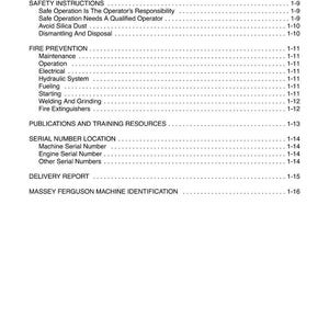 May include: A white page from a service manual with the title "FOREWORD" at the top. The page contains a table of contents with sections on safety instructions, fire prevention, and serial number locations. The text is black.