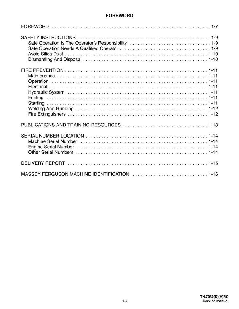 May include: A white page from a service manual with the title "FOREWORD" at the top. The page contains a table of contents with sections on safety instructions, fire prevention, and serial number locations. The text is black.