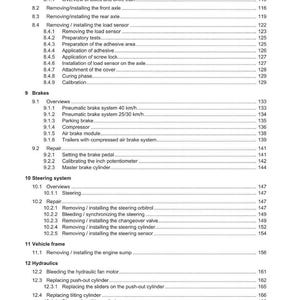 May include: A detailed contents page from a Weidemann manual, covering axles, brakes, steering, and hydraulics. The document is in English, with page numbers and section titles.