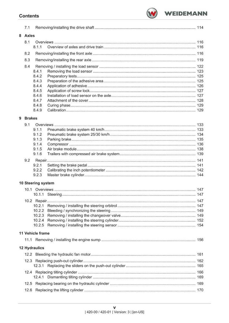 May include: A detailed contents page from a Weidemann manual, covering axles, brakes, steering, and hydraulics. The document is in English, with page numbers and section titles.