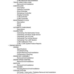 May include: A detailed list of technical procedures and system components, including removal, installation, and calibration instructions. The text is in black font on a white background, covering topics like engine service and cooling systems.