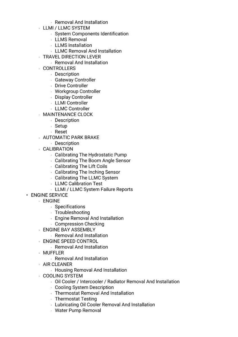 May include: A detailed list of technical procedures and system components, including removal, installation, and calibration instructions. The text is in black font on a white background, covering topics like engine service and cooling systems.