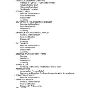 May include: A detailed list of procedures and components for a hydraulic system, including removal, installation, and parts identification. The text includes sections on boom cylinders, brakes, and fan motors. The document is in black text on a white background.