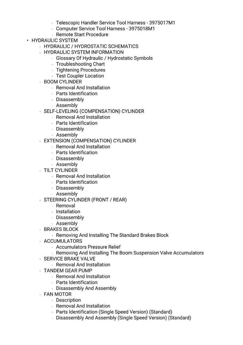 May include: A detailed list of procedures and components for a hydraulic system, including removal, installation, and parts identification. The text includes sections on boom cylinders, brakes, and fan motors. The document is in black text on a white background.