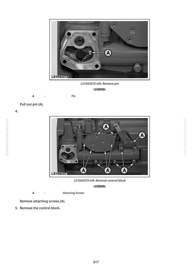 Op de afbeelding: Diagram van mechanische componenten met labels. De afbeelding toont twee gedetailleerde weergaven van machineonderdelen, waaronder een pin en schroeven, met labels gemarkeerd met "A" ter referentie. Tekst geeft stappen voor verwijdering aan.