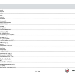 May include: A page from a technical manual, featuring a table of contents in English, German, and French. The document lists engine-related components such as exhaust systems and fuel systems. The Weidemann logo is visible at the bottom.