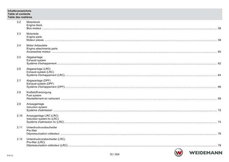 May include: A page from a technical manual, featuring a table of contents in English, German, and French. The document lists engine-related components such as exhaust systems and fuel systems. The Weidemann logo is visible at the bottom.