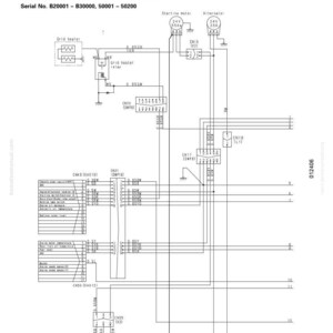 May include: Electrical circuit diagram for a machine monitor system. The diagram includes components like a grid heater, starting motor, and alternator, with serial numbers B20001-B30000 and 50001-50200. The diagram is labeled with troubleshooting information.